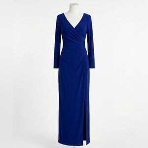 Ralph Lauren Royal Blue Long Sleeve Ruched Jersey Faux Wrap Evening Gown Dress